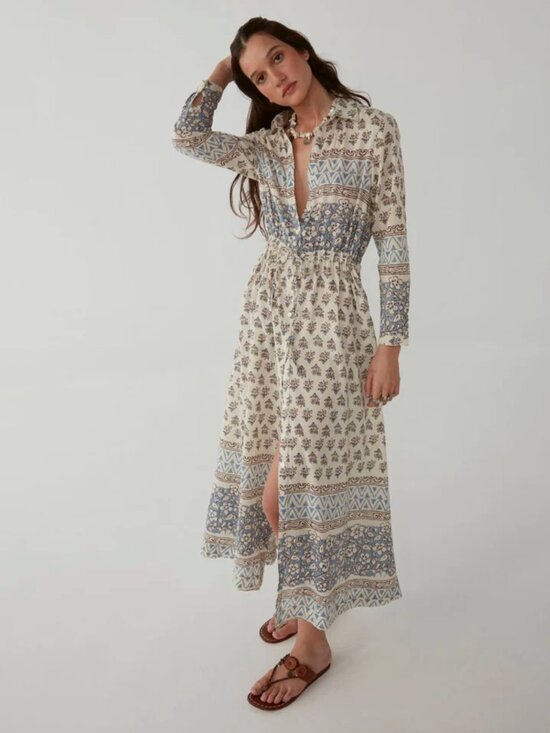 Maison Hotel Dresses & Skirts - Maison Hotel Justine Floral Button Up Cotton Robe Dress in Ecru White + Blue, S
